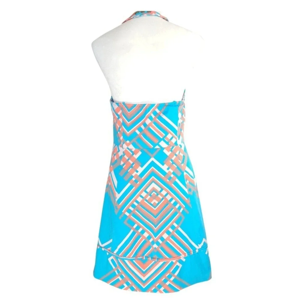 Jessica Simpson Dress Size 14 Blue Geometric Halter Pockets Stretch Cotton Lined